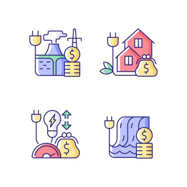 Elektrik güç maliyeti RGB renk simgeleri ayarlandı. Jeotermal enerji alımı. Yeşil Fiyat Programı. İzole vektör çizimleri. Elektrik tüketimi basit doldurulmuş çizgi çizimleri koleksiyonu