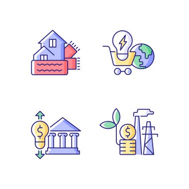 Yenilenebilir elektrik enerjisi maliyeti RGB renk simgeleri ayarlandı. Evin hava durumu sunumu. Küresel pazar İzole vektör çizimleri. Elektrik tüketimi fiyatı basit doldurulmuş çizgi çizimleri koleksiyonu