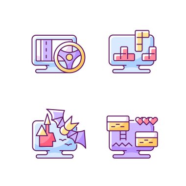 Yaşam simülatörü oyunları RGB renk simgeleri seti. İzole vektör çizimleri araçlar oyunları kontrol ediyor. İlginç blok bulmacaları. Kılıç korku hikayeleri basit çizgi çizimleri koleksiyonu