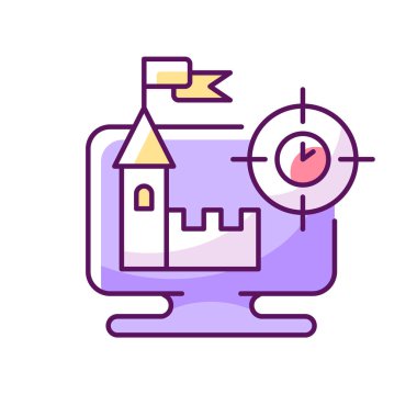 Gerçek zamanlı strateji oyunu RGB renk simgesi. İzole vektör çizimi.. Oyuncu, dijital savaş alanındaki birimleri kontrol ediyor. Rakip basit çizgi çizimine karşı entelektüel mücadele