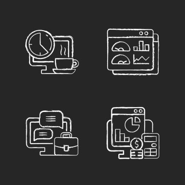 Koyu arkaplanda beyaz tebeşir simgelerinin izini sür. Kahve, çalışanlar için öğle yemeği molası. Profesyonel verileri olan gösterge paneli. Gözetleme araçları. Siyah üzerine izole vektör karatahta çizimleri