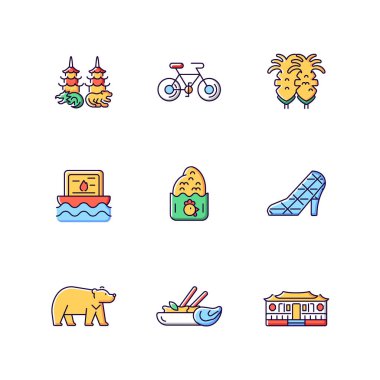 Doğu RGB renk simgeleri ayarlandı. İzole vektör çizimleri. Asya yolculuğu. Tayvan kültürü. Tayvan ulusal eğlence ürünleri gösterimi basit çizgi çizimleri koleksiyonu