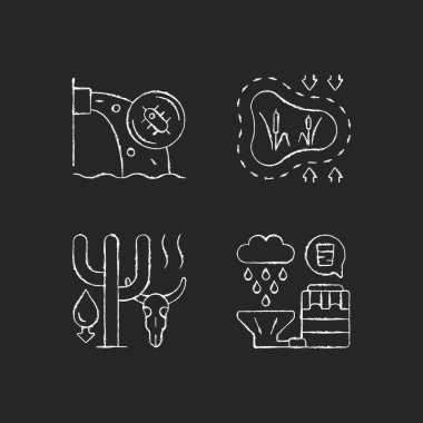 Dünya çapında yükselen su, koyu arkaplanda beyaz tebeşir ikonları talep ediyor. Su kirliliği. Kaybolan sulak alanlar. Hayvanların nesli tükeniyor. Siyah üzerine izole vektör karatahta çizimleri