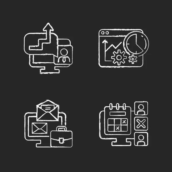 Rastreadores Trabajo Tiza Iconos Blancos Establecidos Sobre Fondo Oscuro Estrategia — Archivo Imágenes Vectoriales