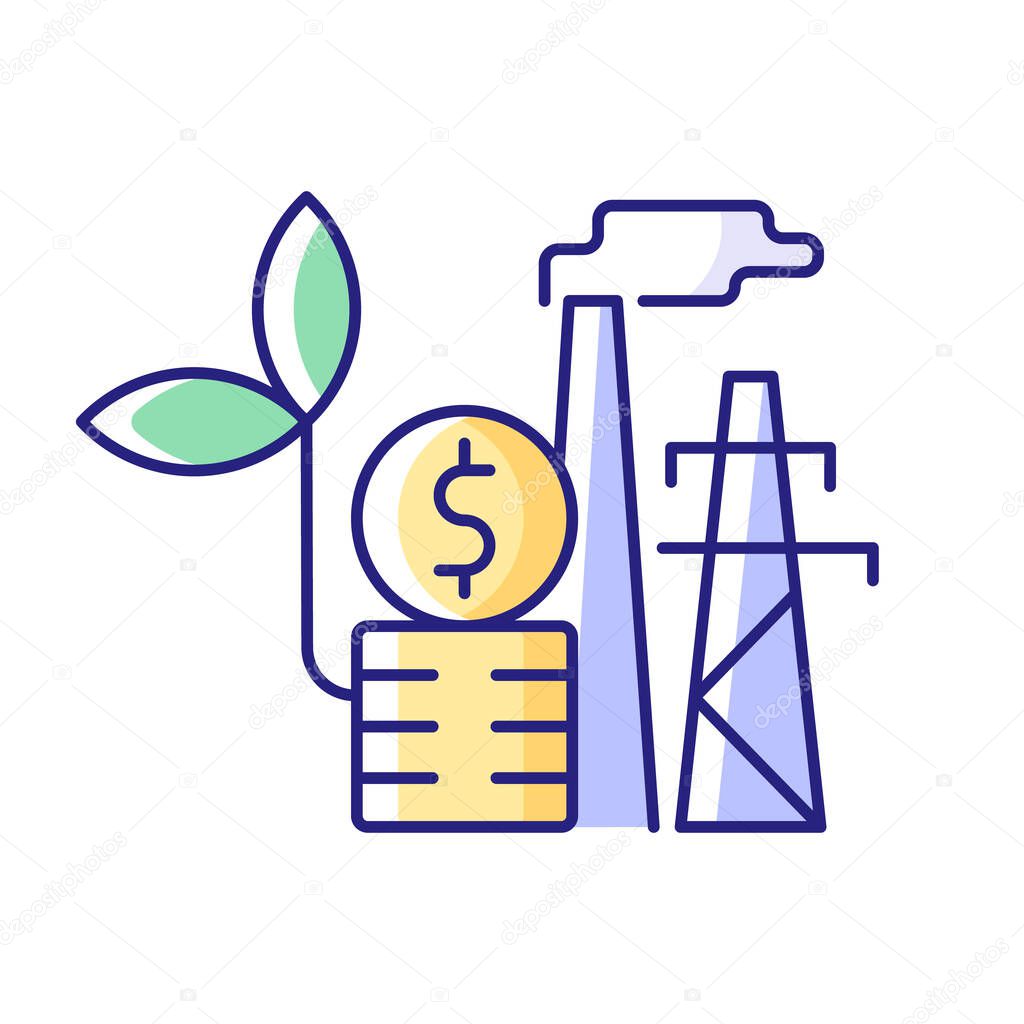 Environmental tax RGB color icon. Ecotax for industrial economy. Discount for renewable resource production. Electrical power. Isolated vector illustration. Energy purchase simple filled line drawing