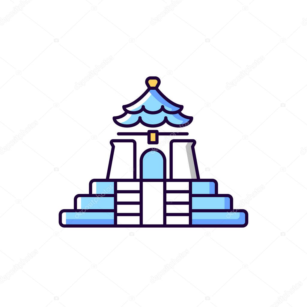 Chiang Kai shek Memorial Hall blue and white RGB color icon. Isolated vector illustration. Landmark tourist attraction. Taipei national building. Oriental architecture style simple filled line drawing