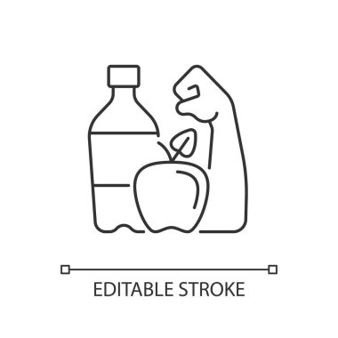 Sağlıklı yaşayan doğrusal simge. Susuz kalmamak. Dengeli bir diyet. Düzenli egzersiz yapıyorum. İnce çizgi özelleştirilebilir illüstrasyon. Contour sembolü. Vektör izole çizim. Düzenlenebilir vuruş
