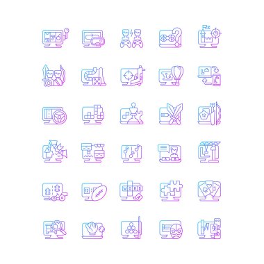 Çevrimiçi oyun tipleri doğrusal vektör simgeleri ayarlandı. Macera oyunu. Aile ve arkadaşlarla kooperatif görevler. İnce çizgili sembol demetleri. İzole vektör ana hatları illüstrasyon koleksiyonu