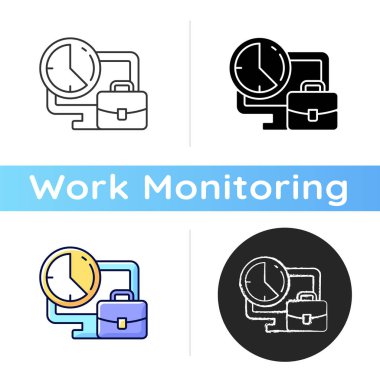 Çalışma saatleri simgesini ayarla. Şirket projeleri zamanı. İş yerinde verimlilik. İzleme verimi. İzleme işi. Lineer siyah ve RGB renk stilleri. İzole vektör çizimleri