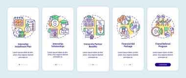 Stajyerlik programları mobil uygulama sayfası ekranında seçenekleri finanse ediyor. Burs yürüyüşü kavramlarla birlikte 5 adım grafik talimatlar. UI, UX, doğrusal renk çizimleri olan GUI vektör şablonu