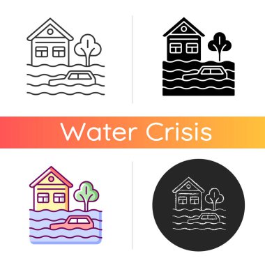 Sel simgesi. Suyla ilgili bir felaket. Çevre üzerinde olumsuz etkiler. Hayat ve mülk kayıpları. Değişen iklim. Doğal bir fenomen. Lineer siyah ve RGB renk stilleri. İzole vektör çizimleri