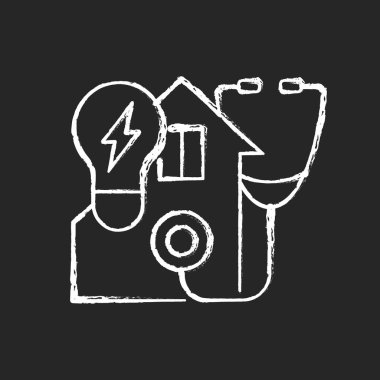 Koyu arkaplanda enerji denetimi beyaz tebeşir simgesi. Verimli güç kullanımı için konut teftişi. Sürdürülebilir kaynak. Enerji alışverişi. Siyah üzerine izole edilmiş vektör çizimi