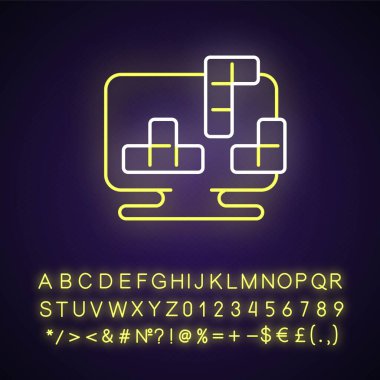 Bulmaca neon ışıklı ikonu. Farklı şekilli bloklar farklı hızda düşerler. Dış ışıltı etkisi. Alfabe, sayılar ve sembollerle imzala. Vektör izole edilmiş RGB renk çizimi