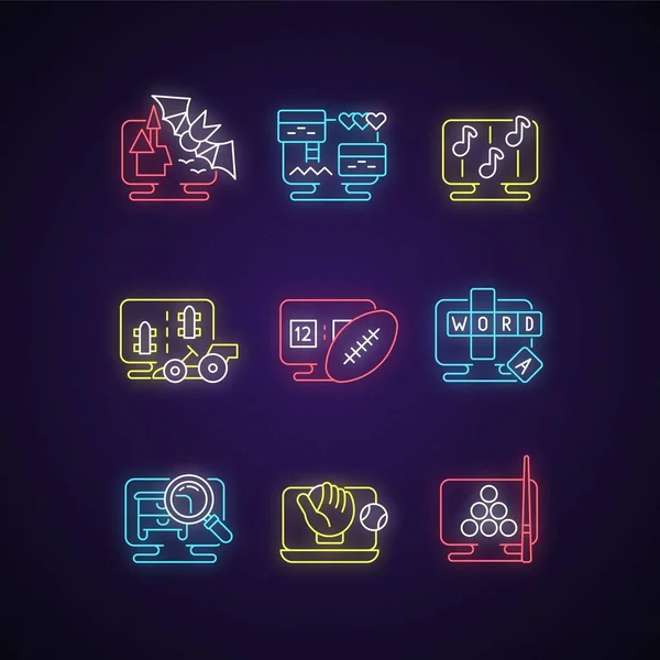 Simuladores Línea Neon Light Icons Set Jugar Juegos Cooperativos Con — Vector de stock