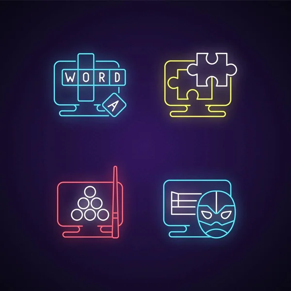 Intellectual Game Type Neon Light Icons Set Англійською Гра Онлайн — стоковий вектор