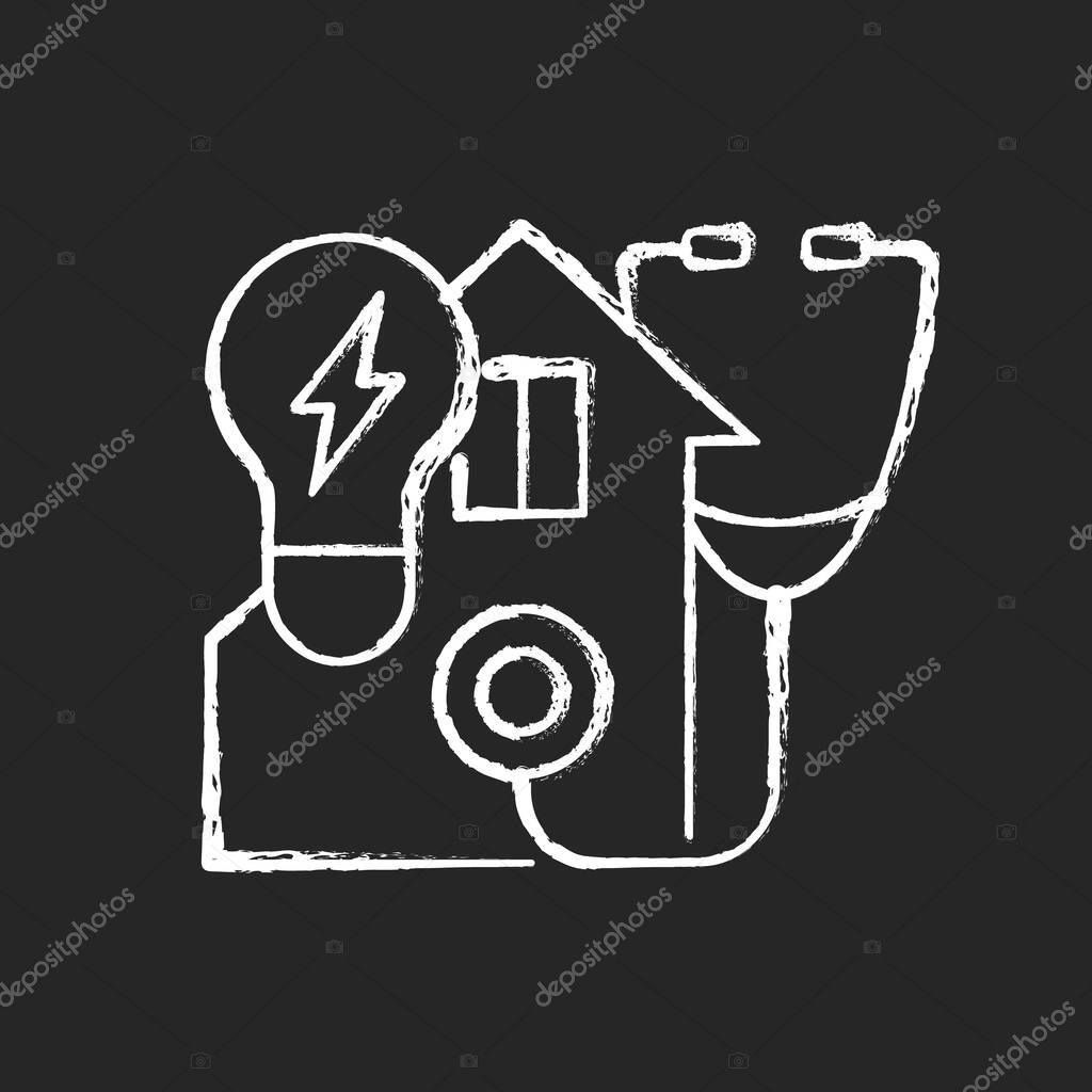 Energy audit chalk white icon on dark background. Inspecting residential house for efficient power usage. Sustainable resource. Energy purchase. Isolated vector chalkboard illustration on black
