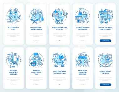 EV, mobil uygulama sayfası ekranında. Gelecekteki ekolojik ulaşım çözümü kavramlarla birlikte 5 aşamalı grafik talimatları gözden geçirir. UI, UX, doğrusal renk illüstrasyonlu GUI vektör şablonu