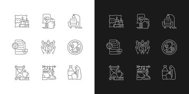 Modern yaşam tarzı ve sağlık lineer simgeleri karanlık ve aydınlık moduna ayarlandı. İçerisi sıcacık. Minimalizm. Zihinsel sağIık. Özelleştirilebilir ince çizgi sembolleri. İzole vektör çizimi çizimleri. Düzenlenebilir vuruş