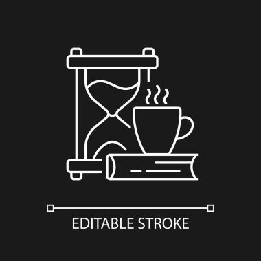 Karanlık tema için yavaş yaşayan beyaz doğrusal simge. Hayata sakin bir yaklaşım. Vücut ihtiyaçları konusunda dikkatli olmak. İnce çizgi özelleştirilebilir illüstrasyon. Gece modu için izole vektör kontur sembolü. Düzenlenebilir vuruş