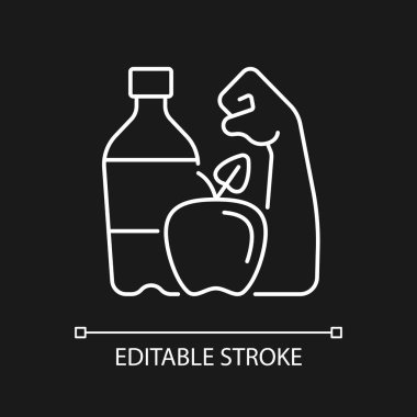 Karanlık tema için sağlıklı yaşayan beyaz doğrusal simge. Susuz kalmamak. Dengeli bir diyet. İnce çizgi özelleştirilebilir illüstrasyon. Gece modu için izole vektör kontur sembolü. Düzenlenebilir vuruş