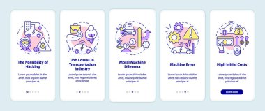 Otomobil sürüşlü arabalar mobil uygulama sayfası ekranında. EV 'nin kötü tarafları, kavramlarla birlikte 5 adımlık grafik talimatları inceliyor. UI, UX, doğrusal renk çizimleri olan GUI vektör şablonu