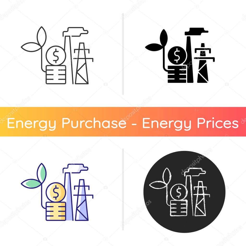 Environmental tax icon. Ecotax for industrial economy. Discount for renewable resource production. Electrical power. Energy purchase. Linear black and RGB color styles. Isolated vector illustrations