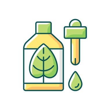 Doğal cilt bakımı RGB renk simgesi. Zehirli olmayan, yeşil kozmetik ürünler. Deri rahatlatıcı ve besleyici. Organik malzemeler. Tıbbî yardımlar. İzole vektör çizimi. Basit doldurulmuş çizgi çizimi