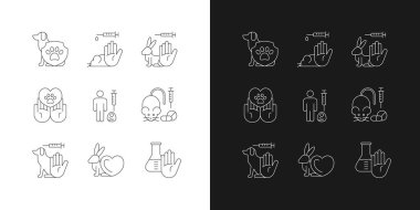Karanlık ve aydınlık mod için ayarlanmış doğrusal hayvan test simgelerini durdur. Hayvan koruma ve refah. Acımasız hedef. Özelleştirilebilir ince çizgi sembolleri. İzole vektör çizimi çizimleri. Düzenlenebilir vuruş