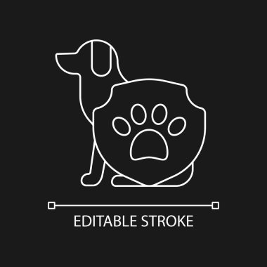 Karanlık tema için hayvan koruma beyaz doğrusal simgesi. Hayvan koruma etiketi. Damgaya karşılık zulüm yok. İnce çizgi özelleştirilebilir illüstrasyon. Gece modu için izole vektör kontur sembolü. Düzenlenebilir vuruş