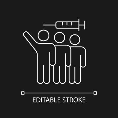 Gönüllü, koyu renk tema için beyaz doğrusal simgeyi test ediyor. Nüfus aşısı. Deneyler alternatifi. İnce çizgi özelleştirilebilir illüstrasyon. Gece modu için izole vektör kontur sembolü. Düzenlenebilir vuruş