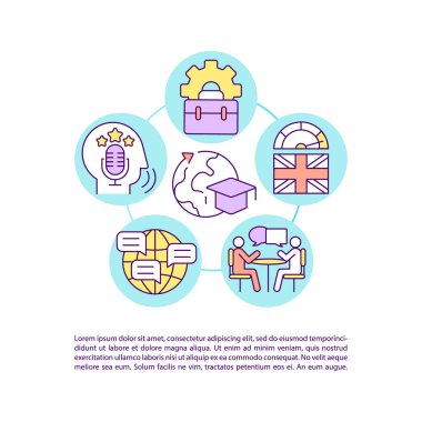 Metin ile dil becerileri konsept çizgisi simgelerinin geliştirilmesi. Kopya uzayı ile PPT sayfa vektör şablonu. Broşür, dergi, gazete tasarımı. Beyaz üzerine denizaşırı doğrusal çizimler çalış