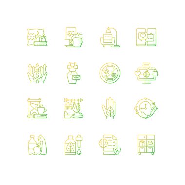 Yaşam tarzı eğilimleri doğrusal vektör simgeleri ayarlandı. Hygge atmosferi. Sağlık izleme. Dijital detoks. Eski moda. İnce çizgili sembol demetleri. İzole vektör ana hatları illüstrasyon koleksiyonu