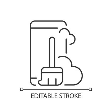 Telefon lineer simgesinin içindeki toz ve kir. Akıllı telefon ve süpürge. Tozu temizle. İnce çizgi özelleştirilebilir illüstrasyon. Contour sembolü. Vektör izole çizim. Düzenlenebilir vuruş