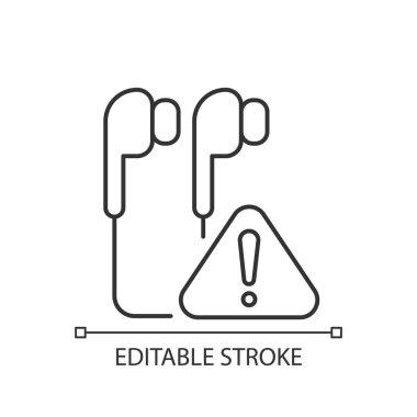 Kırık kulaklıklar doğrusal simge. Kulaklık sorunu. Bozulmuş ses. Kulaklık bağlantısı sorunu. İnce çizgi özelleştirilebilir illüstrasyon. Contour sembolü. Vektör izole çizim. Düzenlenebilir vuruş