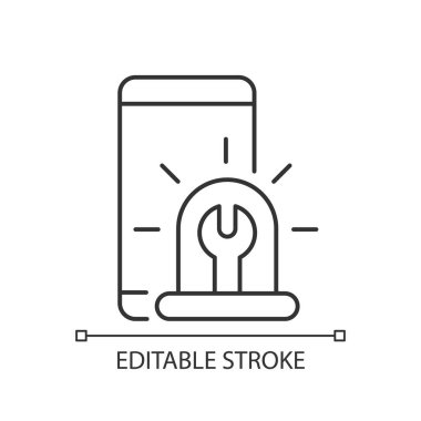 Acil telefon tamiratı doğrusal simge. Cep telefonu ve İngiliz anahtarı. Ekspres cep telefonu tadilatı. İnce çizgi özelleştirilebilir illüstrasyon. Contour sembolü. Vektör izole çizim. Düzenlenebilir vuruş