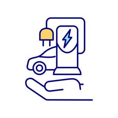 Elektrikli araç şarj istasyonu RGB renk simgesi. EV hükümet desteği. Teknolojik evrim. Yeşil araba talebi ve dağıtımı. İzole vektör çizimi. Basit doldurulmuş çizgi çizimi