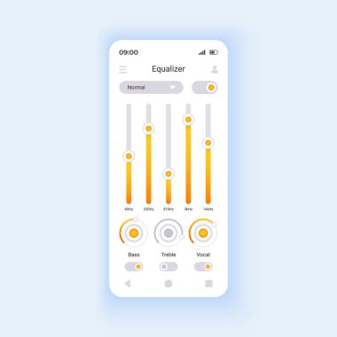 Ses dosyaları düzenleyici akıllı telefon arayüz vektör şablonu. Dengeleyici kullanılıyor. Mobil uygulama sayfa tasarımı düzeni. Ses hacmi artıyor. Ses efektleri ekleniyor. Başvuru için düz UI. Telefon görüntüsü