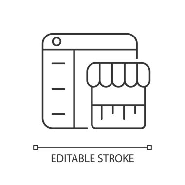 Çevrimiçi pazar yeri doğrusal simgesi. Satın almak, satmak. E-ticaret. Dijital bir aracı. İnce çizgi özelleştirilebilir illüstrasyon. Contour sembolü. Vektör izole çizim. Düzenlenebilir vuruş