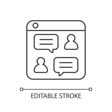 Sosyal tartışma platformları doğrusal simge oluşturur. İnternet sitesine mesajlar ve sorular yüklüyorum. İnternet forumları. İnce çizgi özelleştirilebilir illüstrasyon. Contour sembolü. Vektör izole çizim. Düzenlenebilir vuruş