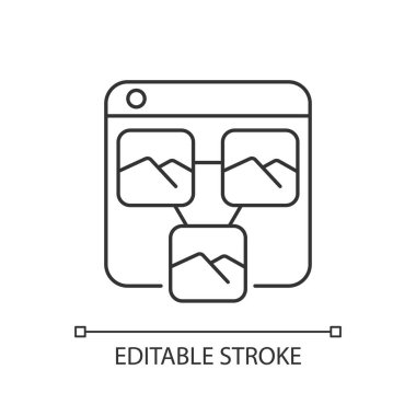 Fotoğraf paylaşım platformları doğrusal simge. Medya depolama alanı. Bulutlarda fotoğraf arşivliyorum. Resimleri yükle. İnce çizgi özelleştirilebilir illüstrasyon. Contour sembolü. Vektör izole çizim. Düzenlenebilir vuruş