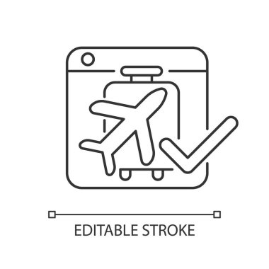 Çevrimiçi rezervasyon sistemleri doğrusal simgesi. Rezervasyon ve internet sitesi üzerinden ödeme. Seyahat planı. İnce çizgi özelleştirilebilir illüstrasyon. Contour sembolü. Vektör izole çizim. Düzenlenebilir vuruş