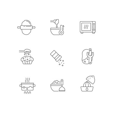 Yemek pişirme simgeleri ayarlandı. Aşçılık basamakları. Ev yapımı yemekler. Yemek tarifi. Yemek hazırlama talimatları. Özelleştirilebilir ince çizgi sembolleri. İzole vektör çizimi çizimleri. Düzenlenebilir vuruş