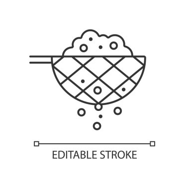 Pişirme malzemesi doğrusal simgesini elemek. Unu ağ çatalından geçir. Evcil elek. İnce çizgi özelleştirilebilir illüstrasyon. Contour sembolü. Vektör izole çizim. Düzenlenebilir vuruş