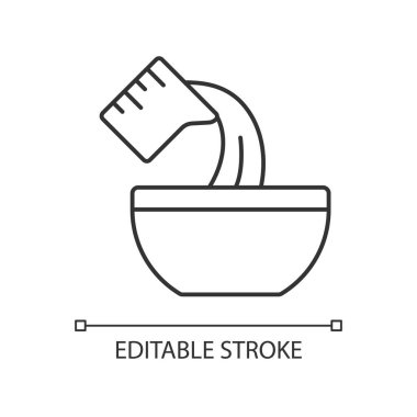 Pişirme malzemesi doğrusal simgesini dökün. Bovlinge sıvı ekliyorum. Pişirme işlemi aşaması. Karışımı ekle. İnce çizgi özelleştirilebilir illüstrasyon. Contour sembolü. Vektör izole çizim. Düzenlenebilir vuruş