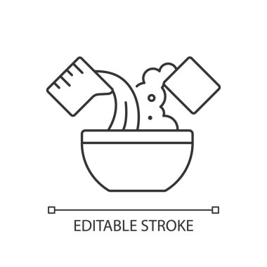 Pişirme malzemesi doğrusal simgesi karıştırılıyor. Hamur yapmak için kaseye su ekle. Yemek pişirme dersi. İnce çizgi özelleştirilebilir illüstrasyon. Contour sembolü. Vektör izole çizim. Düzenlenebilir vuruş