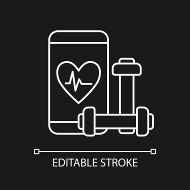 Karanlık tema için çevrimiçi fitness uygulaması beyaz doğrusal simgesi. Kişisel farkındalık motivasyon platformu. İnce çizgi özelleştirilebilir illüstrasyon. Gece modu için izole vektör kontur sembolü. Düzenlenebilir vuruş