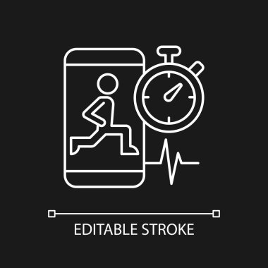 Koyu tema için yüksek yoğunluk ve aralıklarla beyaz doğrusal simge çalışması. Çevrimiçi fitness egzersizleri. İnce çizgi özelleştirilebilir illüstrasyon. Gece modu için izole vektör kontur sembolü. Düzenlenebilir vuruş