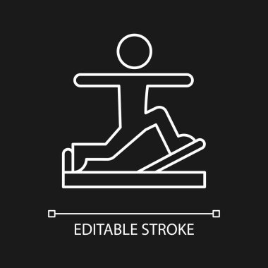 Koyu tema için pilates beyaz doğrusal simgesi. Çevrimiçi fitness gelişimi. Fiziksel ve kültürel egzersiz. İnce çizgi özelleştirilebilir illüstrasyon. Gece modu için izole vektör kontur sembolü. Düzenlenebilir vuruş