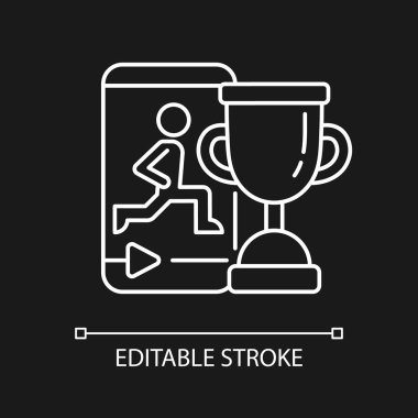 Fitness online meydan okuma koyu tema için beyaz doğrusal simge. Sanal özel sağlık girişimi. İnce bir özelleştirilebilir illüstrasyon. Gece modu için izole vektör kontur sembolü. Düzenlenebilir vuruş