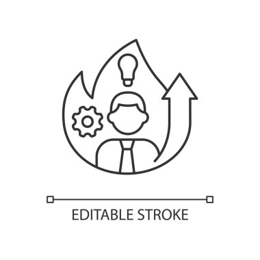 Artan motivasyon doğrusal simgesi. Kariyer yükseltme isteği. Ampul, vites ve insan. İnce çizgi özelleştirilebilir illüstrasyon. Contour sembolü. Vektör izole çizim. Düzenlenebilir vuruş